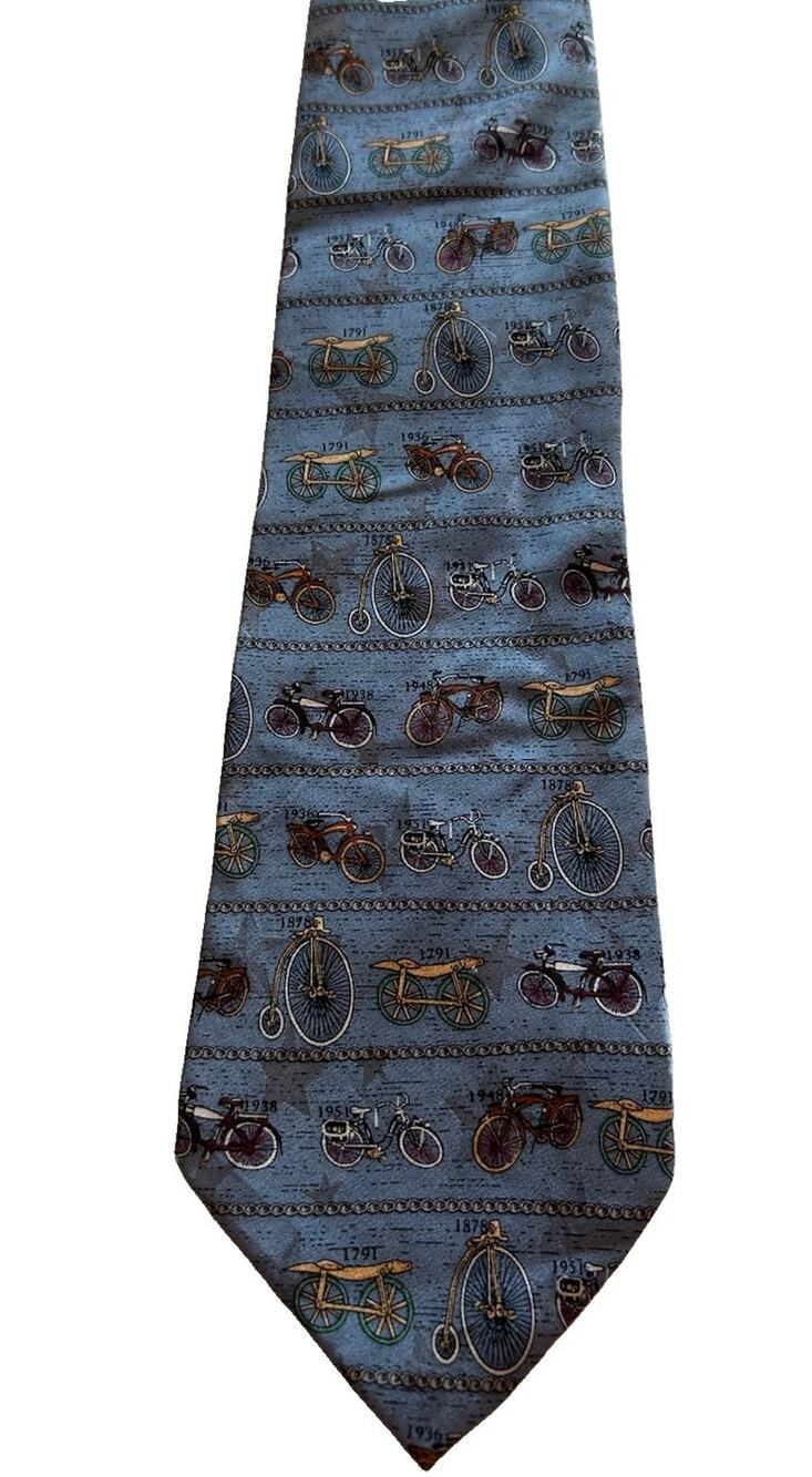 Vtg Tango Max Raab Men’s 3.75” Tie Blue Silk Bike Early Bicycles ca. 1791-1951